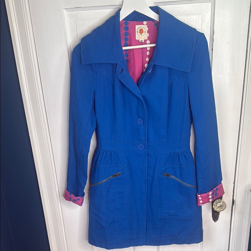 Tulle Coat Pea Jacket Canvas Blue Button Lined Long Sleeve W1242 Sz M